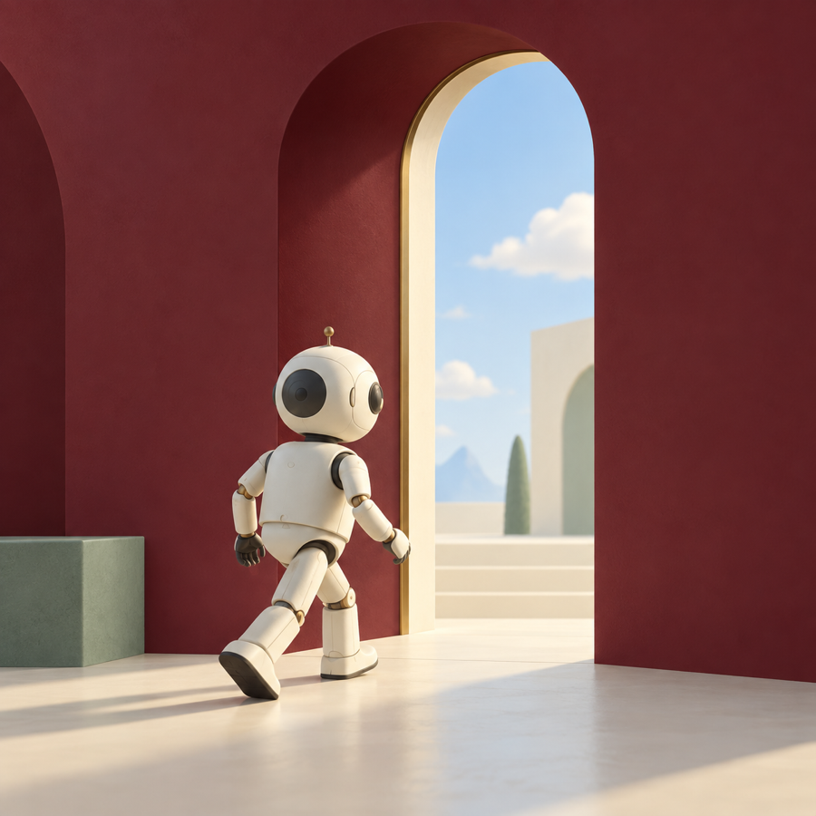 An agent entering a controlled environment through a secure architectural threshold.
